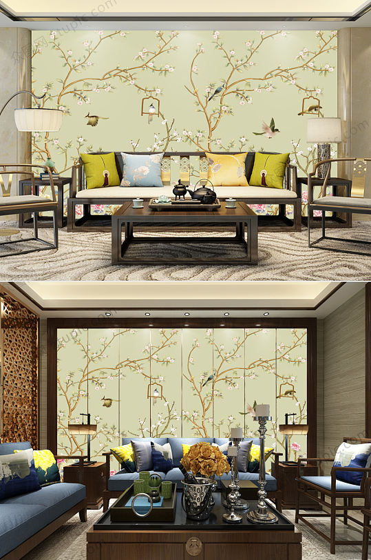 新中式简约工笔花鸟背景墙-众图网