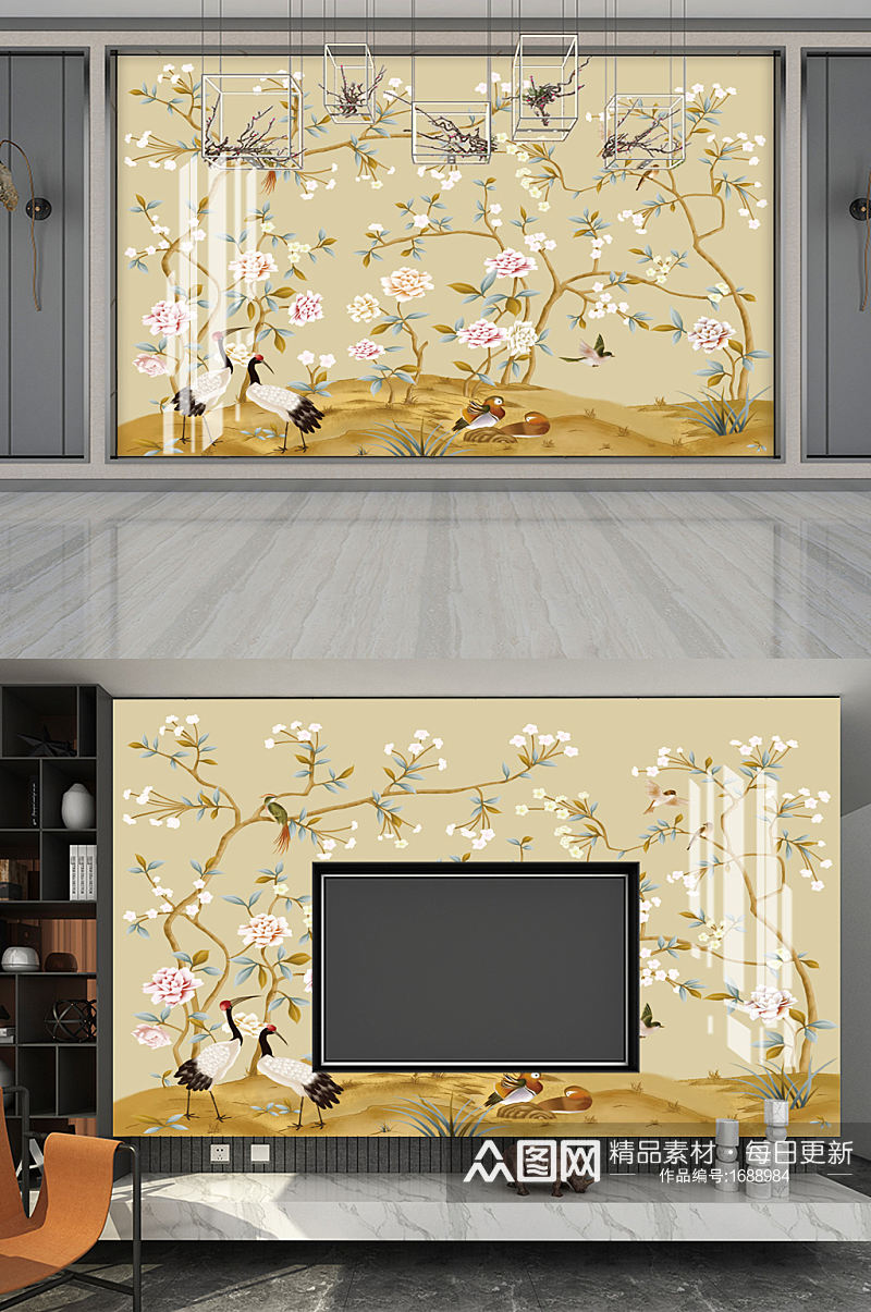 中式金色手绘花鸟影视背景墙图片素材
