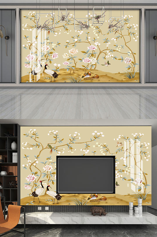 中式金色手绘花鸟影视背景墙图片