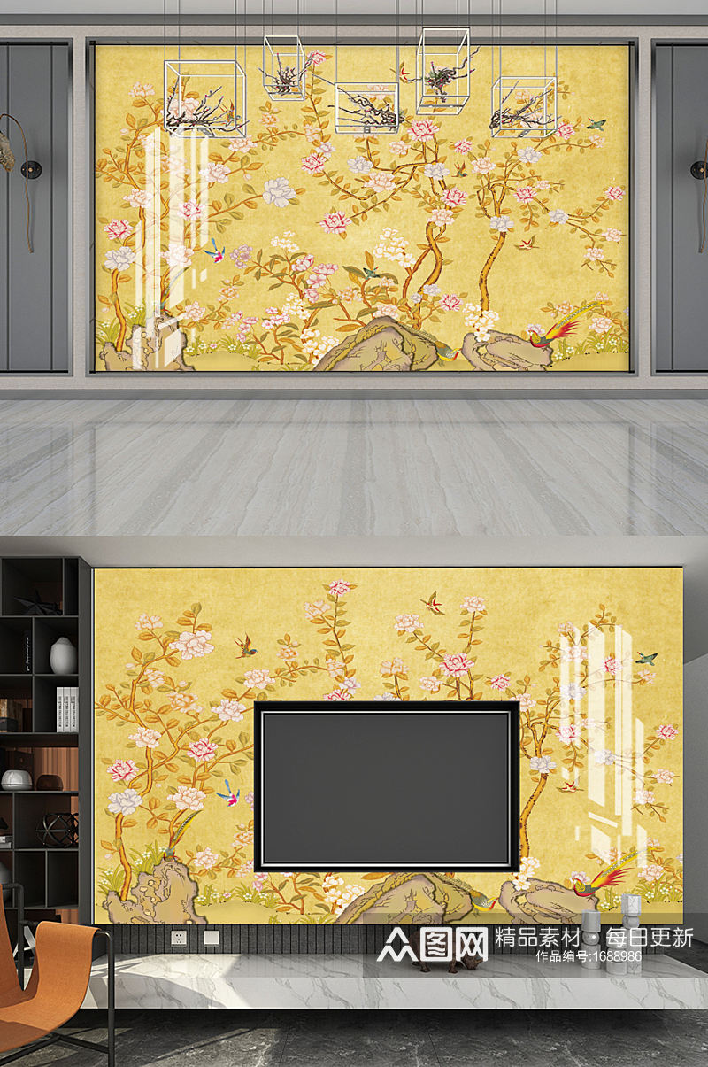 中式手绘花鸟背景墙素材