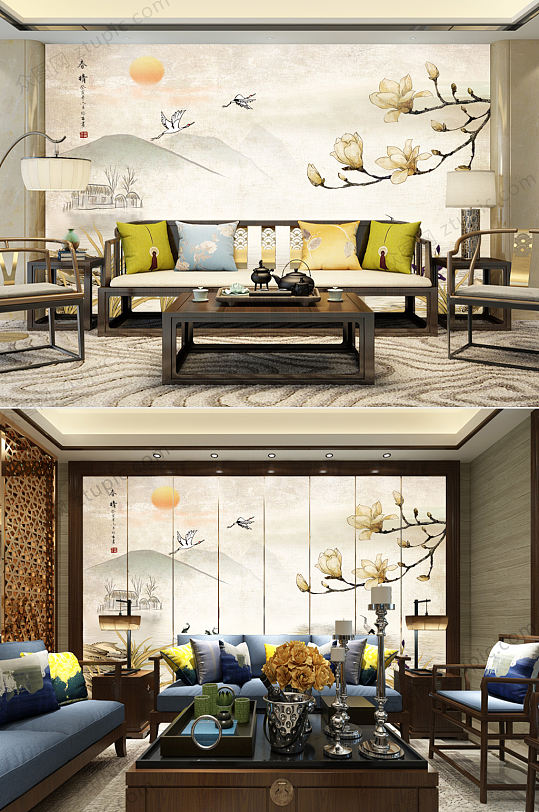 中式玉兰花鸟山水石纹飘香客厅背景墙-众图网