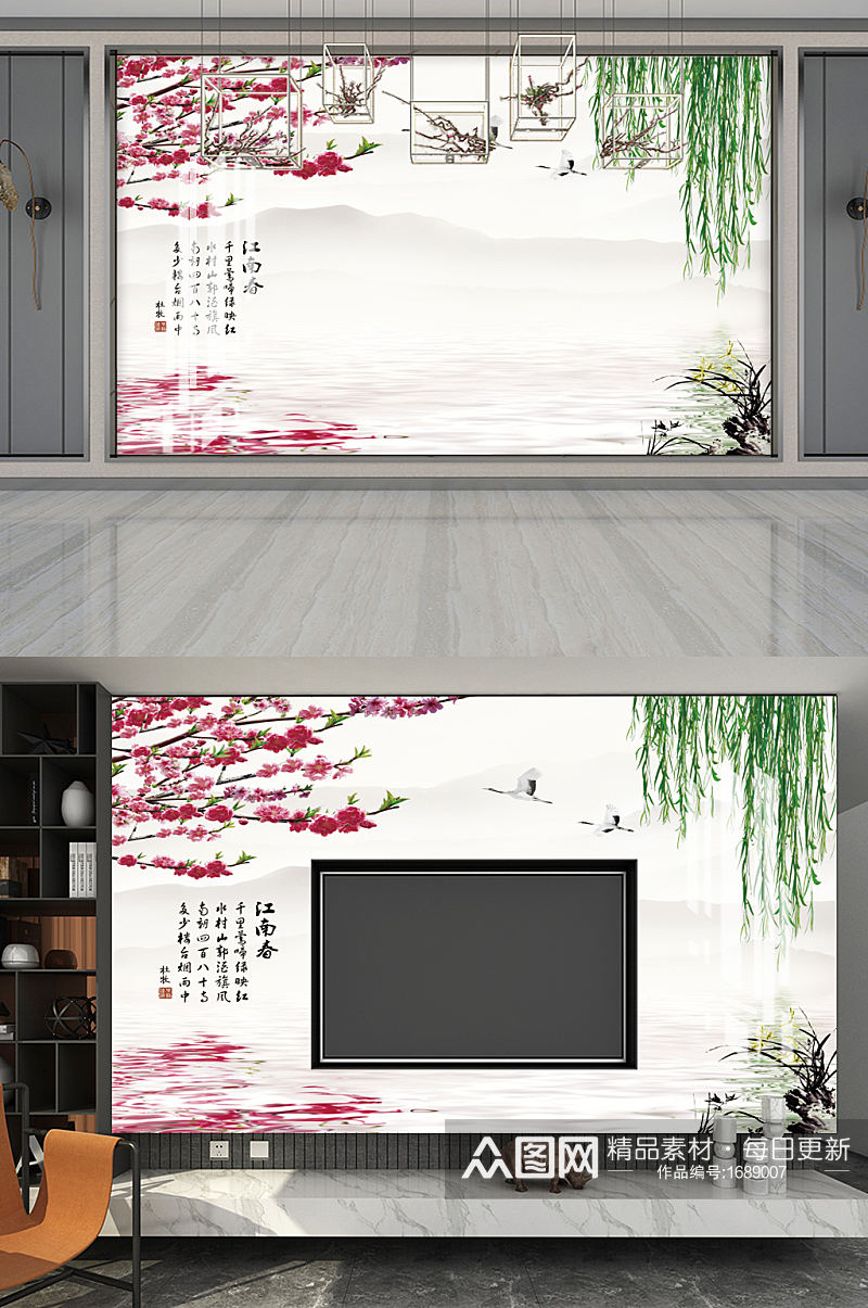 江南春中式背景墙素材