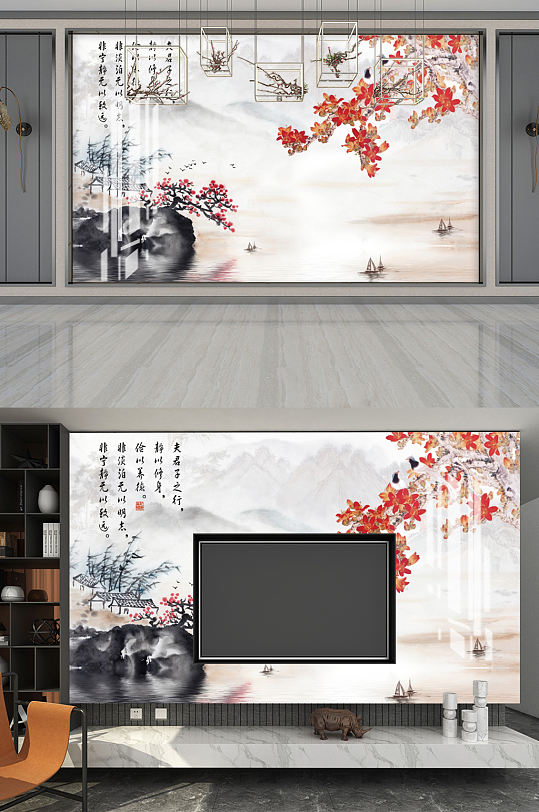 水墨山水梅花背景墙-众图网