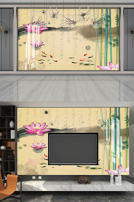 水墨荷花竹林图片-众图网