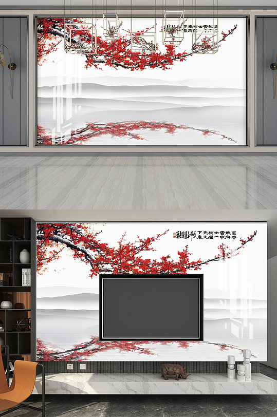 梅花水墨山水背景墙-众图网