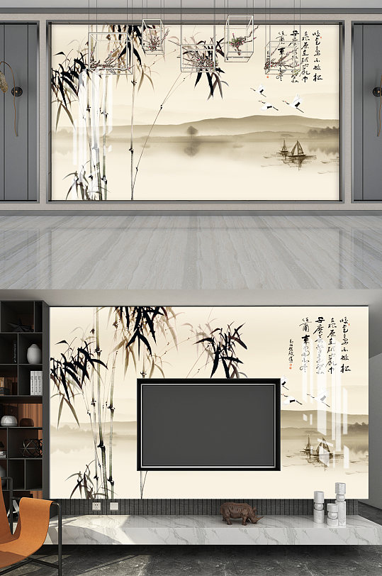 中式国画竹子仙鹤影视背景墙图片