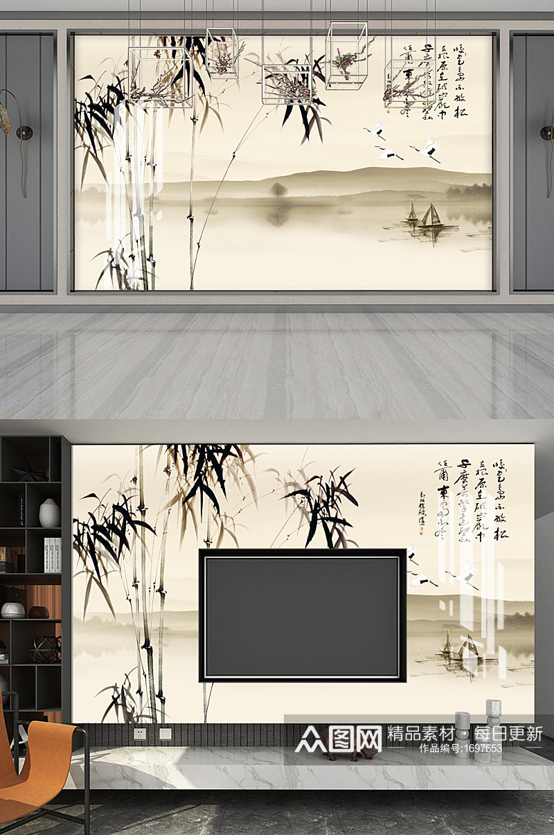 中式国画竹子仙鹤影视背景墙图片素材