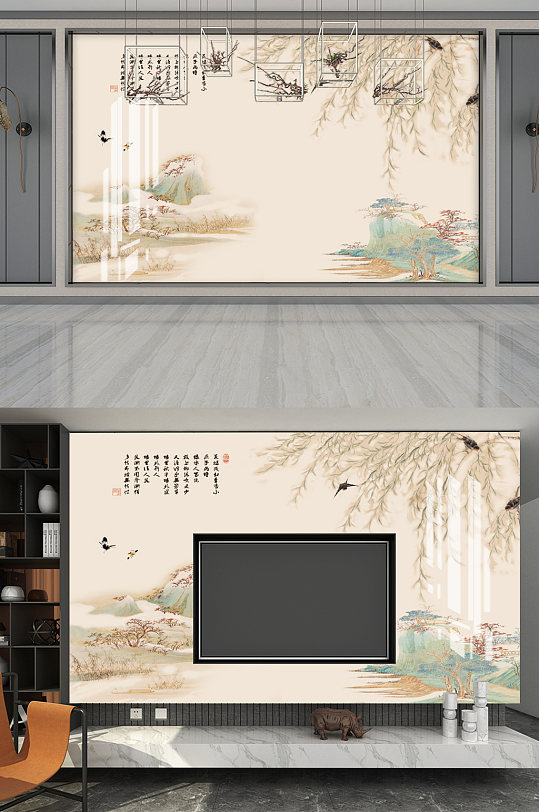 国画春色中式背景墙图片
