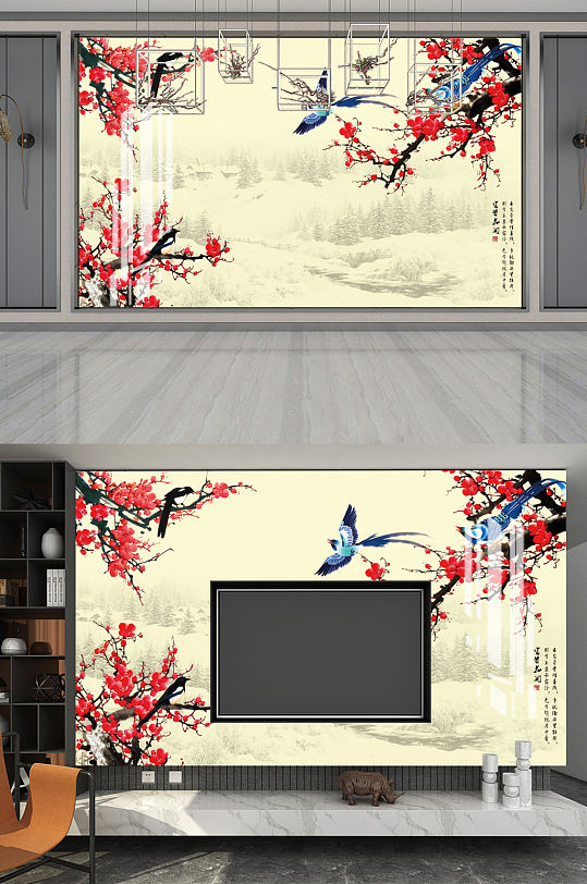 喜上眉梢梅花背景墙-众图网