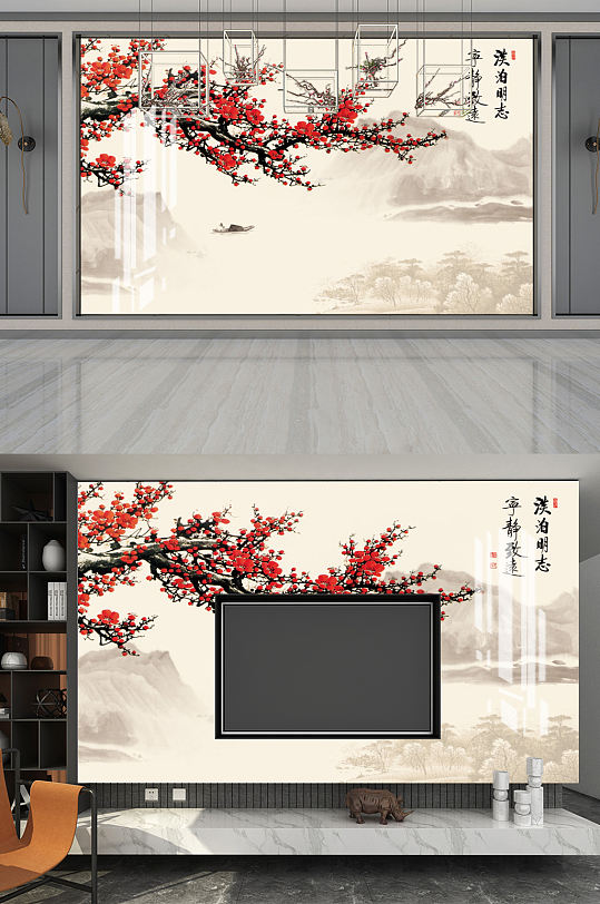 中式梅花山水画背景-众图网