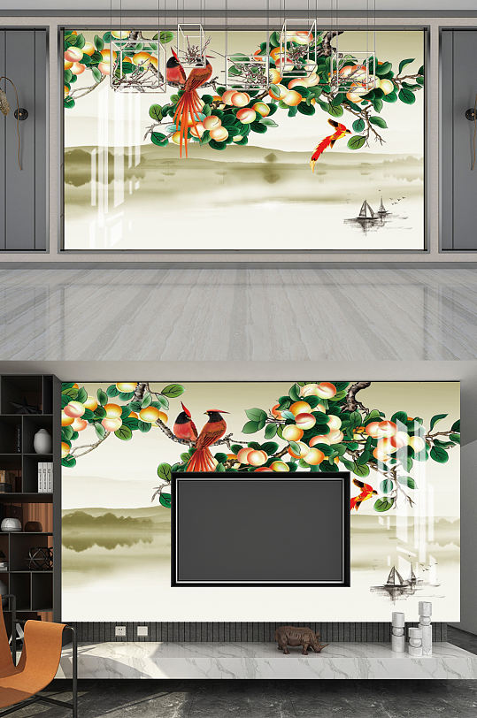 中式3D花鸟背景墙-众图网