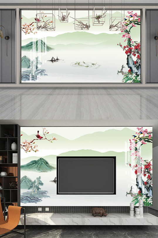 中式水墨山水装饰画-众图网