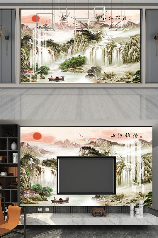 中式山水背景墙图片 大气山河图