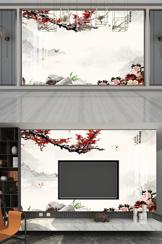 梅花中式山水画背景墙-众图网