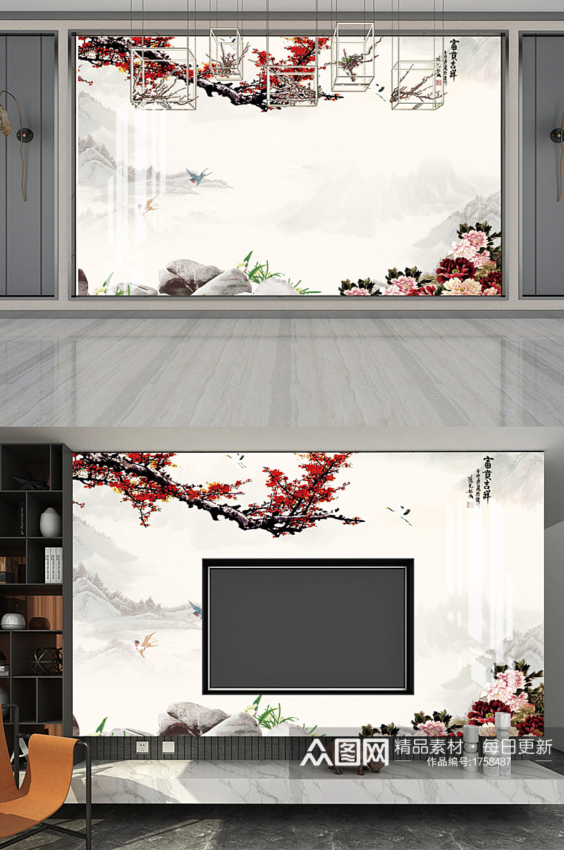 梅花中式山水画背景墙素材