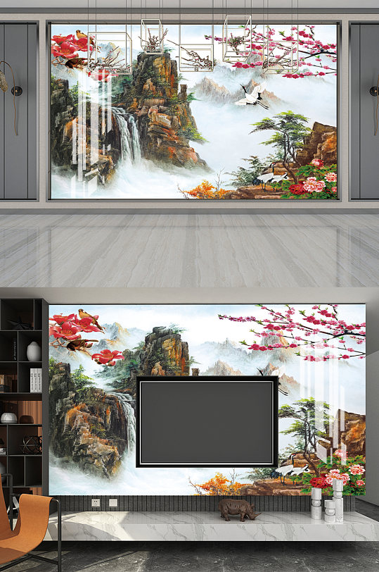 梅花仙鹤花鸟图山水画电视背景墙-众图网