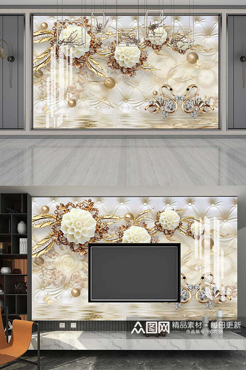 3D欧式奢华珠宝风背景墙素材