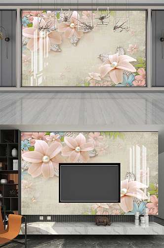 粉色花卉珠宝背景墙图片
