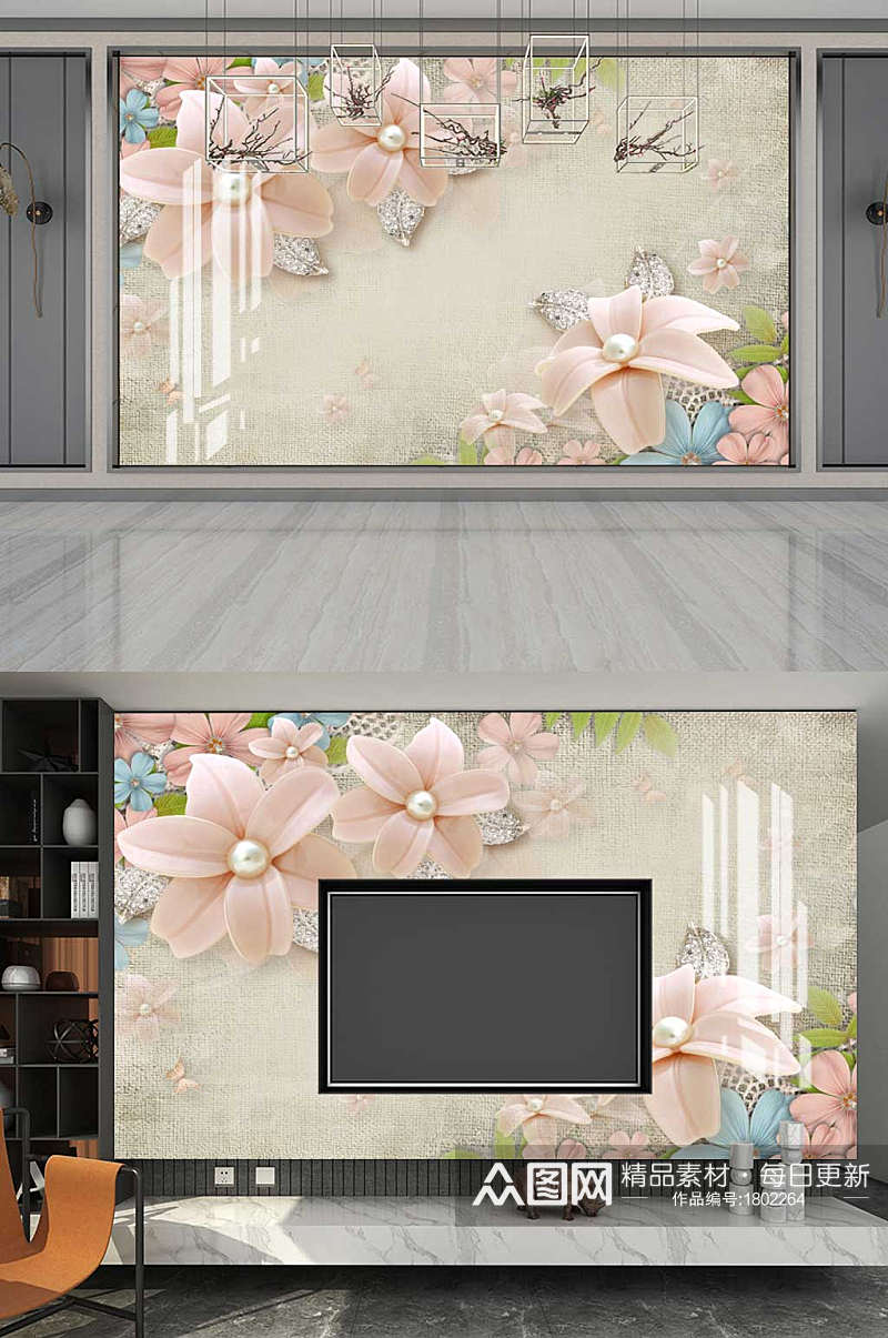 粉色花卉珠宝背景墙图片素材