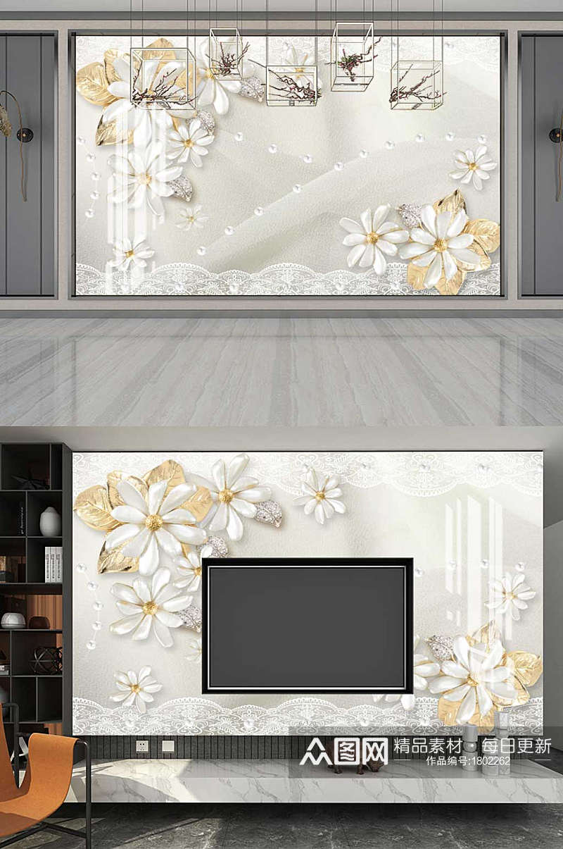 奢华欧式珠宝蕾丝花卉3D电视背景墙素材