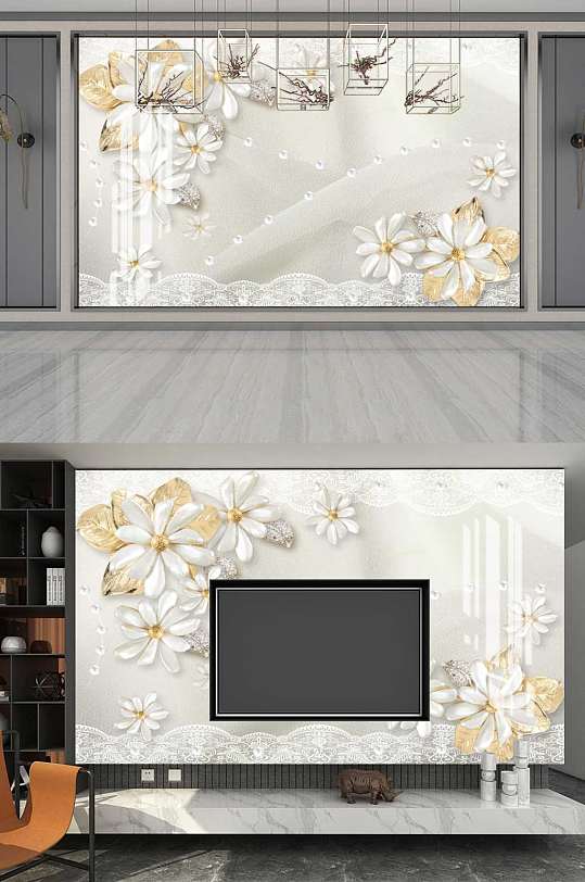 奢华欧式珠宝蕾丝花卉3D电视背景墙
