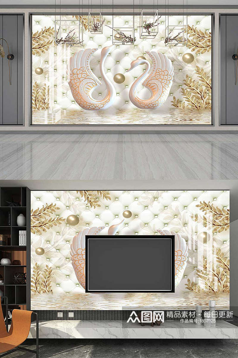 浮雕花珠宝天鹅背景墙素材