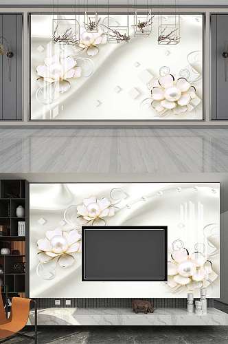 丝绸白色珍珠花背景墙