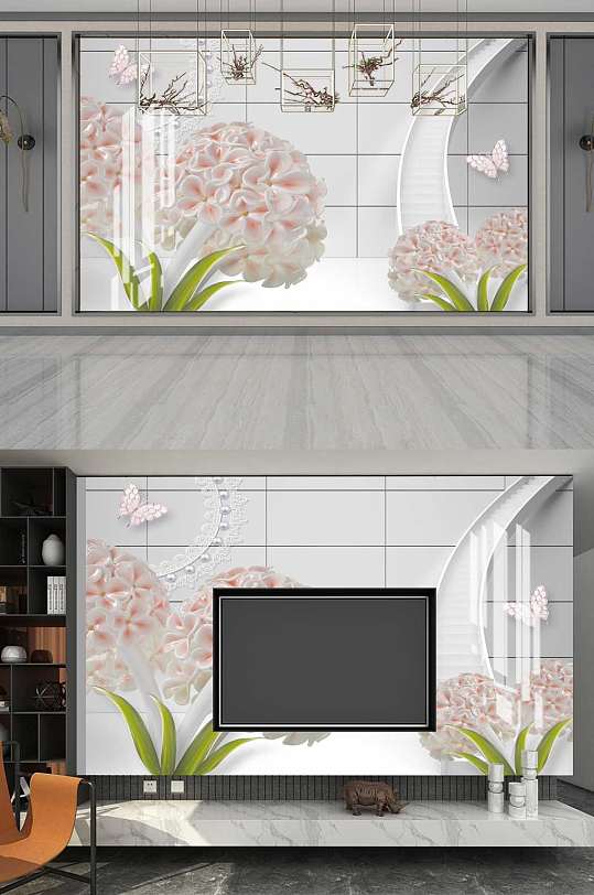 简约时尚粉色花球背景墙-众图网