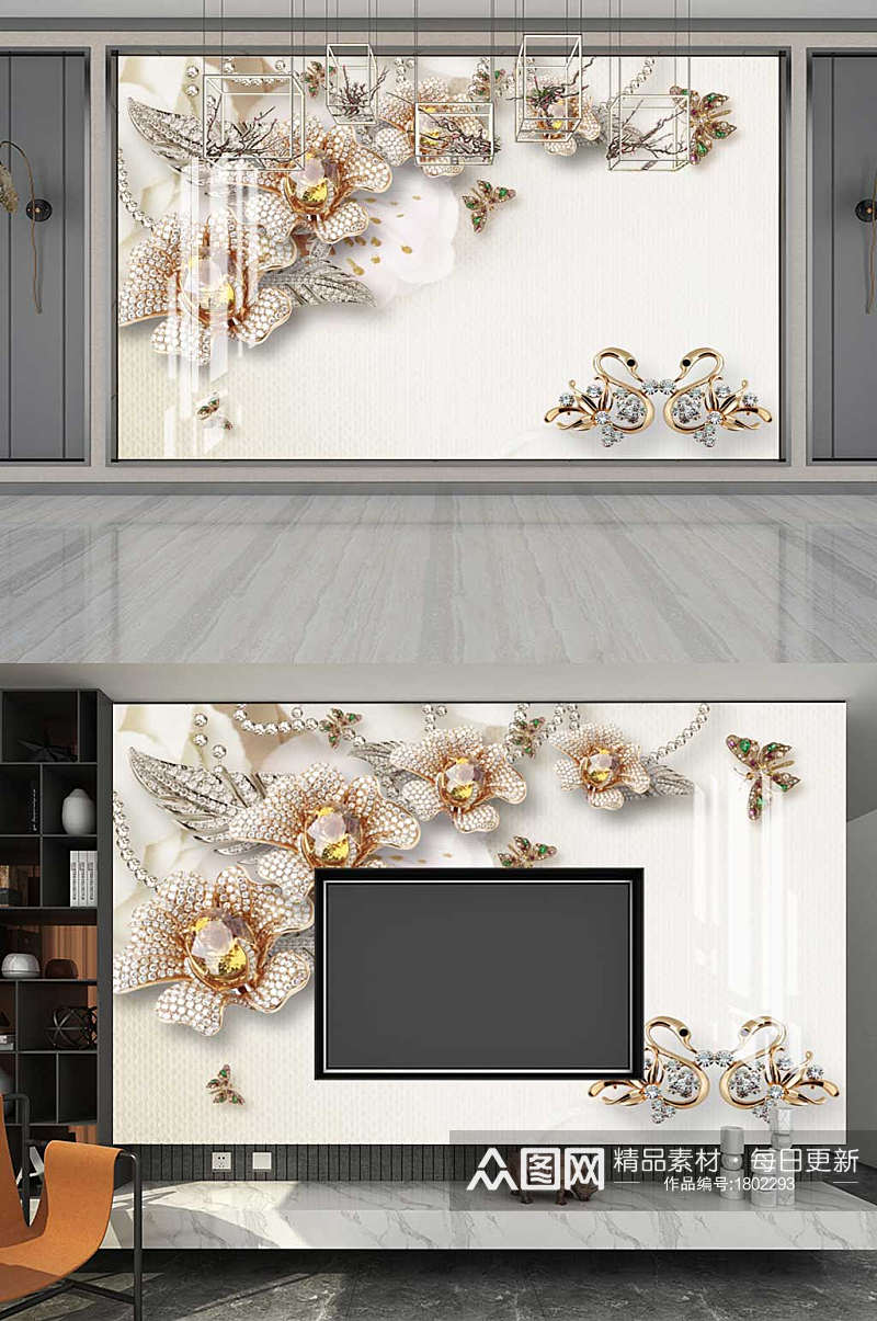 珠宝立体欧式花卉背景墙素材