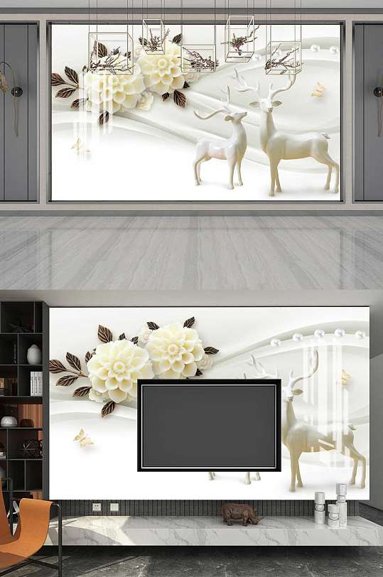 高清浮雕麋鹿丝绸客厅背景墙装饰画
