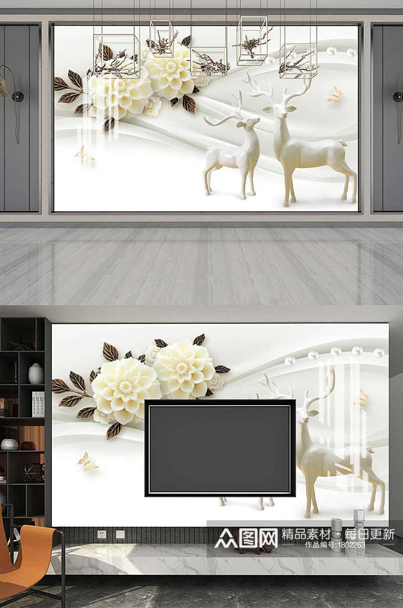 高清浮雕麋鹿丝绸客厅背景墙装饰画素材