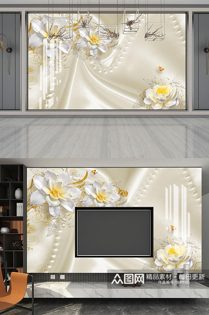 3D立体玫瑰珠宝背景墙素材