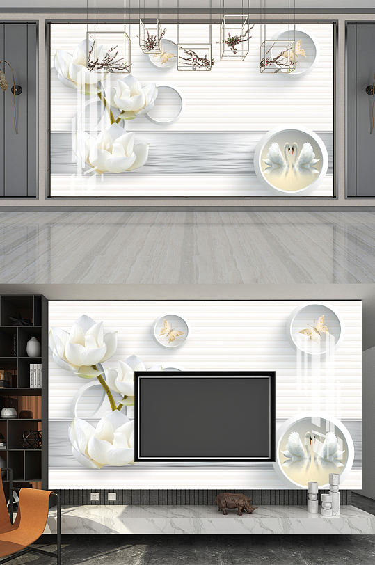 3D立体荷花背景墙-众图网