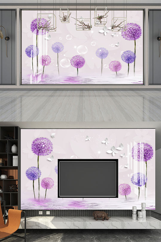 浪漫紫色蒲公英3D电视背景墙图片大图
