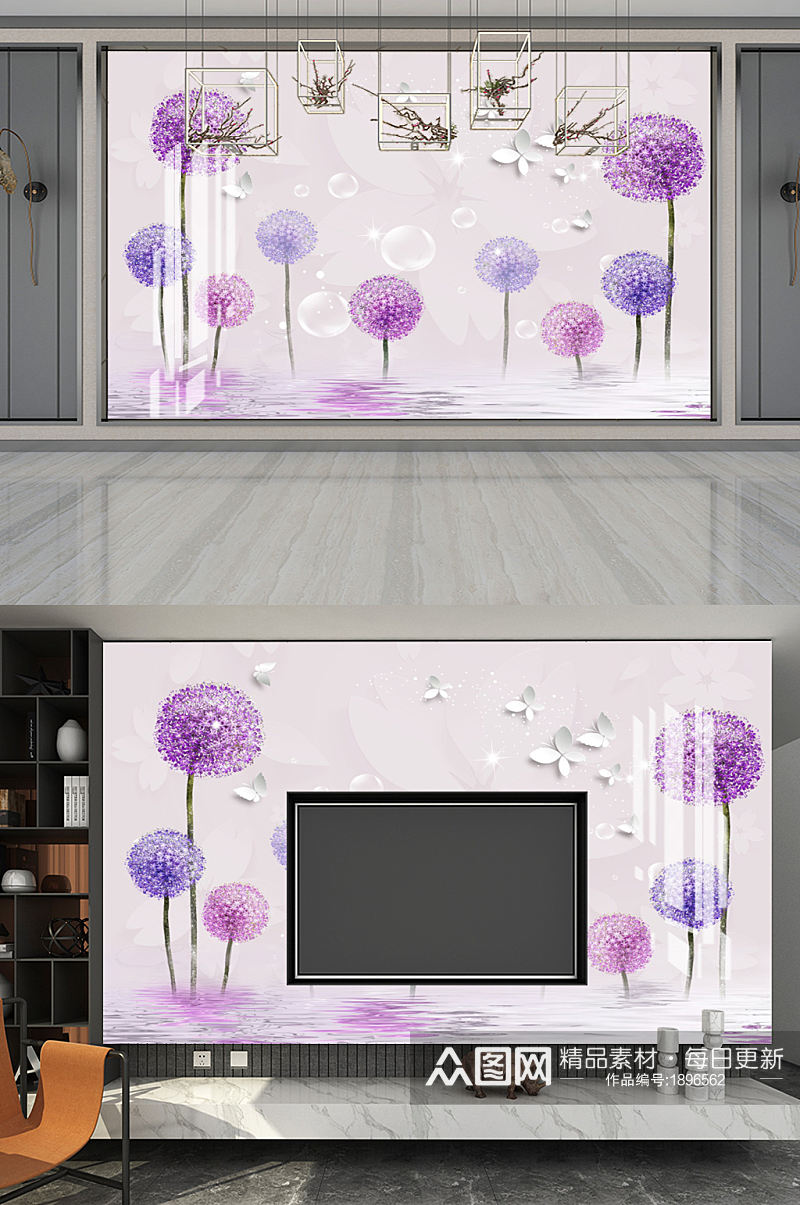 浪漫紫色蒲公英3D电视背景墙图片大图素材