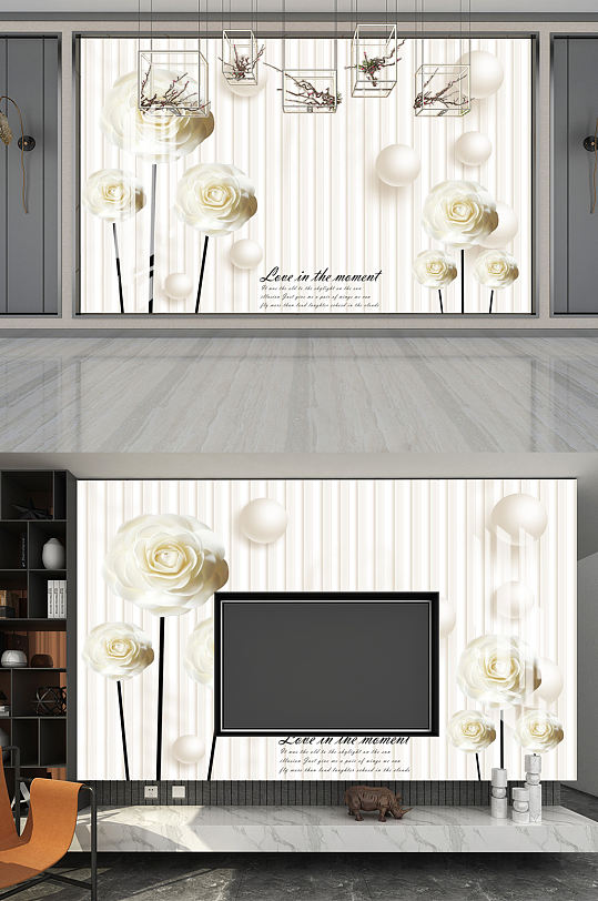 白玫瑰立体圆球3D电视背景墙图片