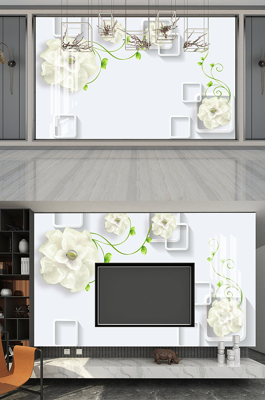 巴洛克白色玫瑰玉雕3D电视背景图片