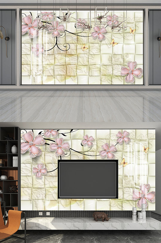 立体方格子背景花卉装饰画