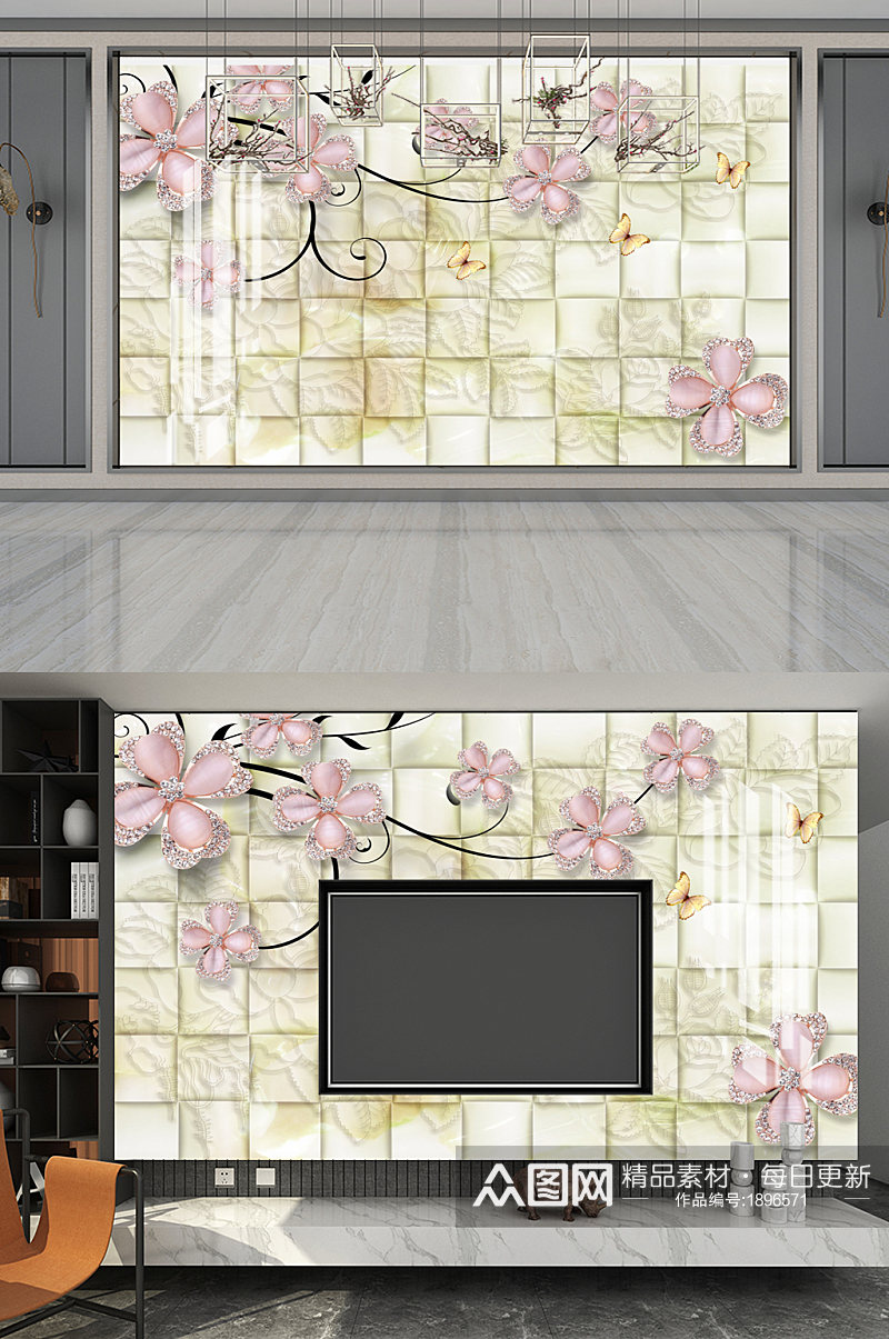 立体方格子背景花卉装饰画素材