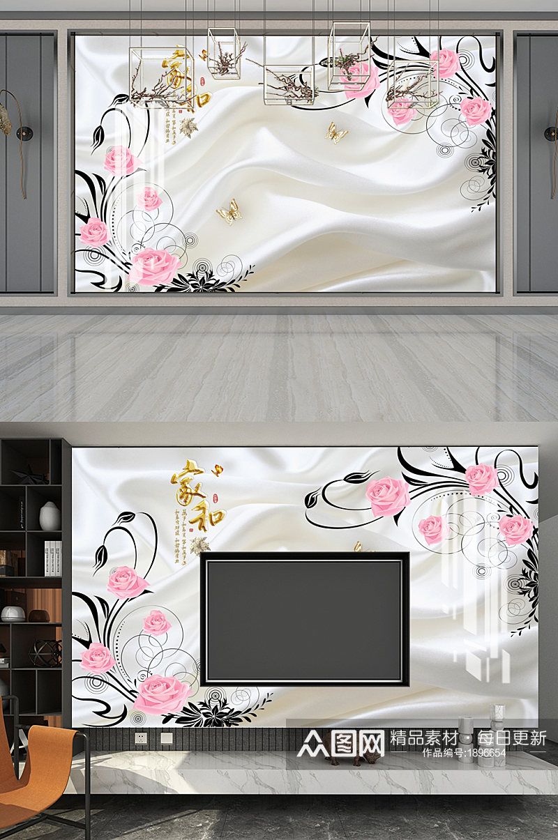 3D丝绸藤蔓玫瑰花电视背景图片素材