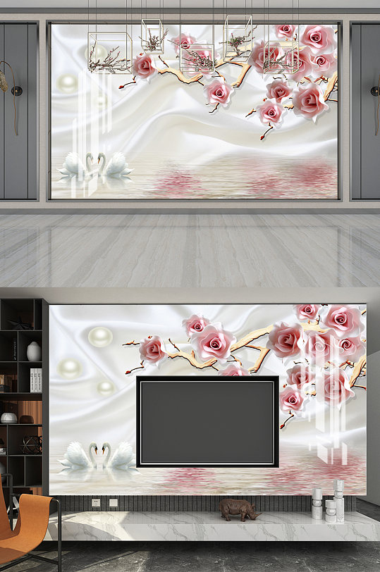 3D立体玫瑰背景墙-众图网