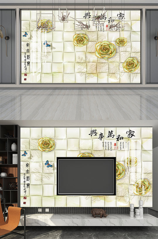 软包浮雕玫瑰花背景墙-众图网