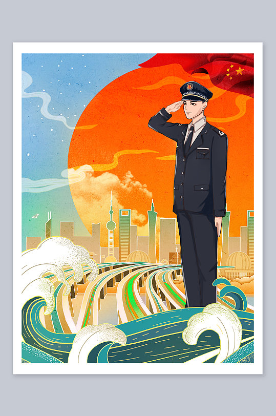 人民警察插画敬礼插画设计-众图网
