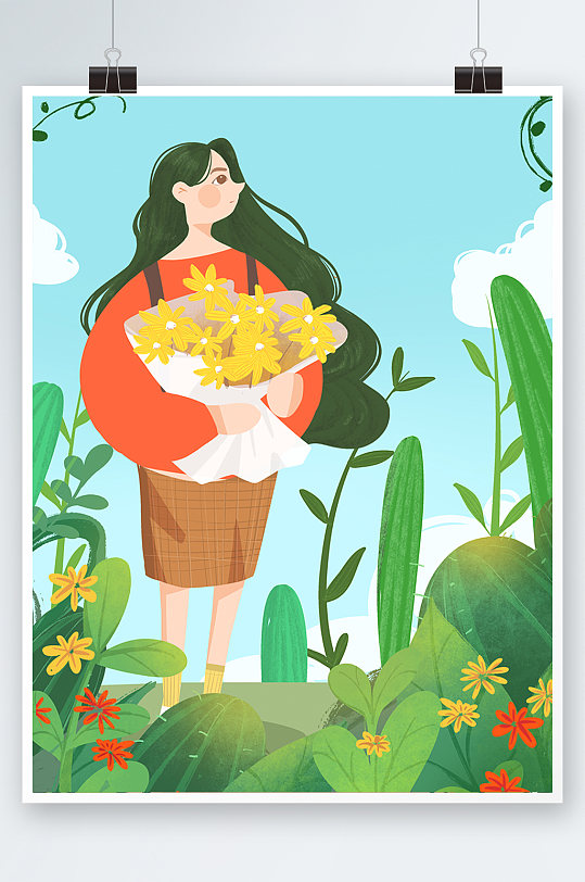 春季卡通春天插画元素38妇女节女神节插画 花季-众图网