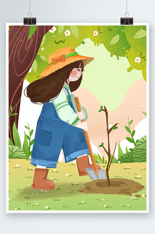 绿色春天春季小清新植树节女孩植树造林插画海报-众图网