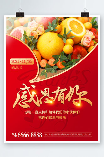 红金水果花束感恩节海报