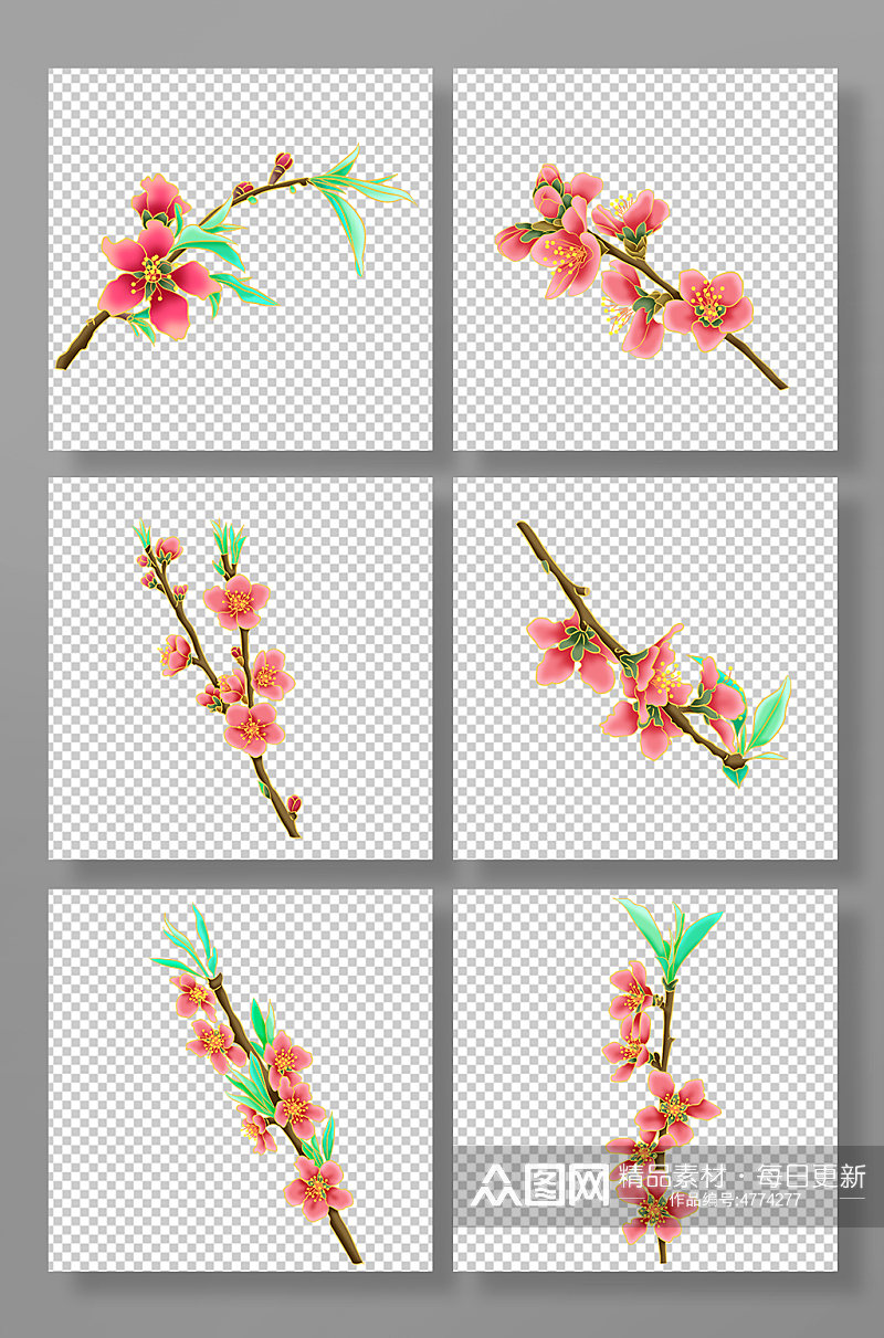 新中式桃花樱花花卉插画元素素材