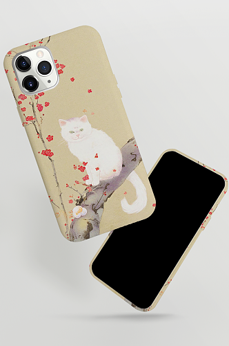 紫色简约国风插画可爱白猫手机壳