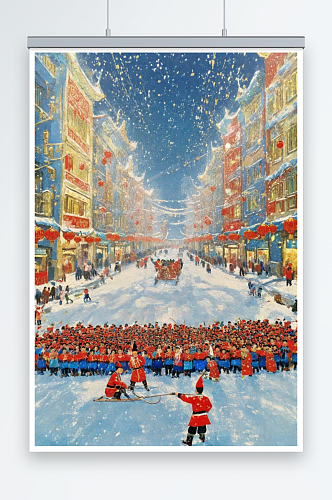 新年春节大雪喜庆红色插画海报装饰画