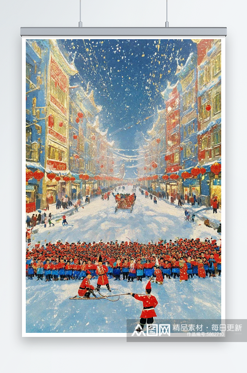新年春节大雪喜庆红色插画海报装饰画素材
